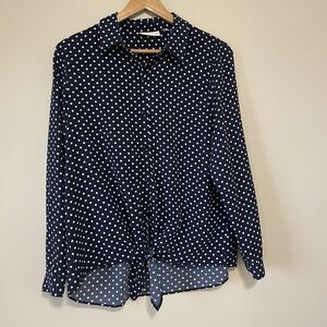 Susan Graver Polka Dot Blouse Sz 8 Navy Blue White  Tie Front Classic Preppy